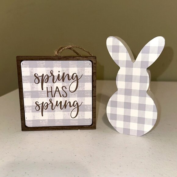 SPRING HAS SPRUNG small wood sign AND Easter Bunny springtime tiered tray decor - Picture 1 of 15